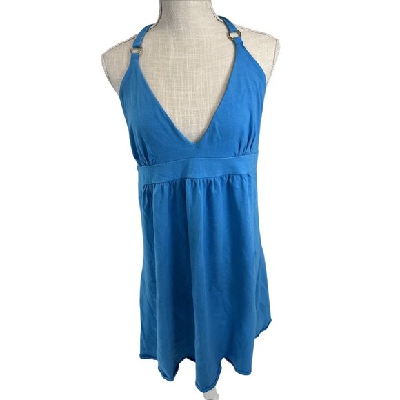 Moda International Blue Halter Dress XL 95% Cotton 5% Spandex Made In Indonesia - Picture 1 of 7
